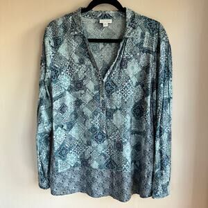 J.Jill Medallion Mixed Print Popover Blouse Top Blue V-Neck Long Sleeve Sz L